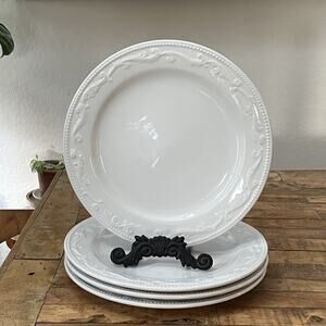 Mesa International Set Of 4 Embossed Beaded White Scrolls Dinner Plates 12"